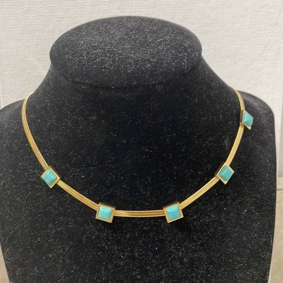 Turquoise Blue Stone Square Herringbone Necklace - Picture 13 of 17